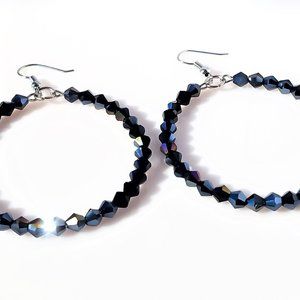 Multicolor Black Crystal Dangle Hoop Earrings/ Black Hoops/ Large Beaded Hoops